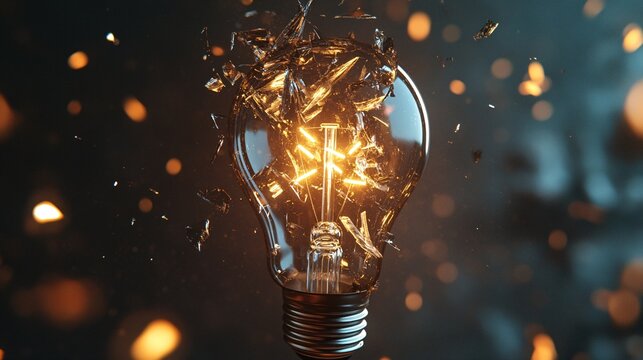 A creative composition of a light bulb shattered in mid-air, with glowing fragments suspended, capturing the moment of impact in high detail