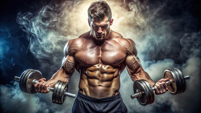 Muscular athlete in tight spotlight, gripping heavy iron dumbbells, sweaty biceps bulging, intense facial expression, extreme close-up, dramatic shadows, bold athletic pose.