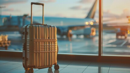 Suitcase, travel bag in airport. Airplane outside window. Travel background illustration generated by ai