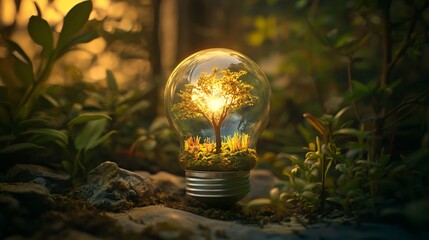 A creative shot of a light bulb with a miniature forest inside, glowing brightly and casting soft light on the tiny trees and plants within