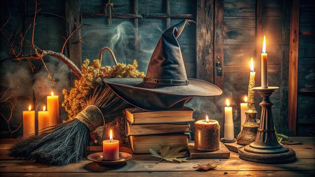 Mysterious and dark, a worn and tattered black pointed witch's hat sits atop a vintage broomstick, surrounded by mystical candles and ancient tomes.