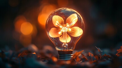 A macro shot of a light bulb with a filament shaped like a flower, glowing warmly and casting delicate, petal-shaped shadows on the surface below