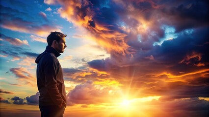 Obraz premium Mysterious male figure stands in profile, face obscured by darkness, against a vibrant sunset sky with warm hues and subtle clouds, evoking contemplation.