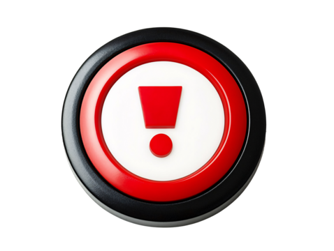 a red and black button with a exclamation mark