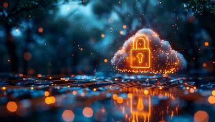 A digital illustration of an abstract cloud with a lock icon floating over a circuit board, symbolizing the security