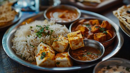 Main course foods for lunch or dinner include rice roti paneer butter masala and dal makhani selective focus