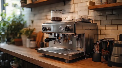 Fototapeta premium stainless steel espresso machine with a sleek, minimalist design, perfectly suited for a modern kitchen countertop.