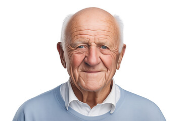 Obraz premium European elderly man smiling on transparent background. Subjects related to old age. American men. Transparent background png cutouts. Retirement home. White men.