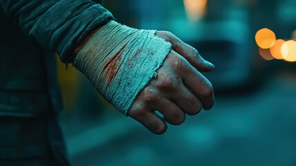  bandaged hand with blood stains, clenched in a tense moment, depicting struggle and resilience in a gritty setting.
