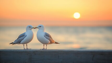 Two seagulls perched side by side on a wooden pier, facing the ocean and appearing to engage in a quiet, companionable moment.