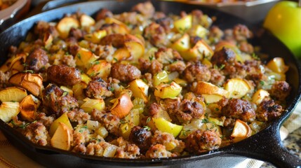 Sauteed sausage, tart apple wedges, and herbs blend in a cast iron skillet, creating a warm dish perfect for autumn gatherings.