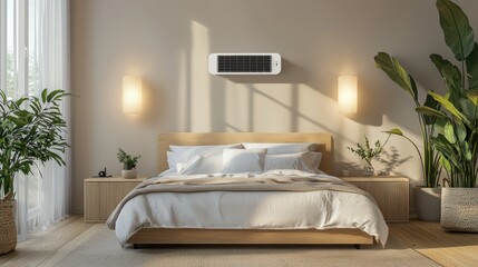 A stylish bedroom with solar-powered chargers for gadgets, promoting energy-saving habits