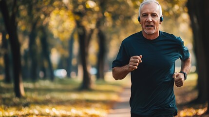 Fototapeta premium deaf man with hearing aid running in the park. copy space for text.