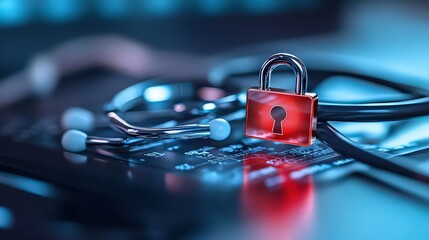  red padlock placed on medical equipment, symbolizing the importance of cybersecurity in healthcare.