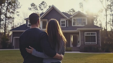 Fototapeta premium A Couple Embraces While Looking at Their New Home
