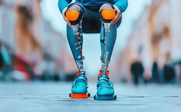 full body of monopodal legs prosthetics in use by a Paralympic athlete, highlighting his head wearing sunglasses , his paddle legs made of carbon fibre