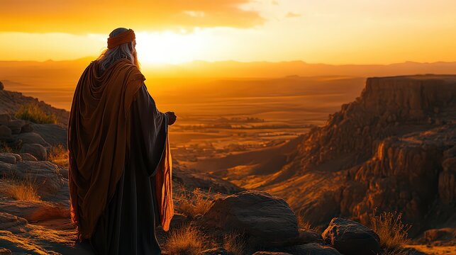  poignant image of Moses overlooking the Promised Land from a distance, reflecting on his journey and the fulfillment of his mission as he prepares to pass leadership.