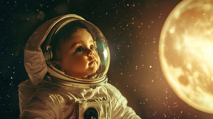 dream big follow your dreams concept with a baby astronaut in a space suit in space for text..