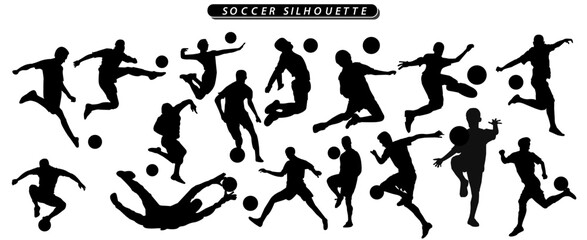 collection of soccer player man silhouettes in different posses clipart vector illustrator