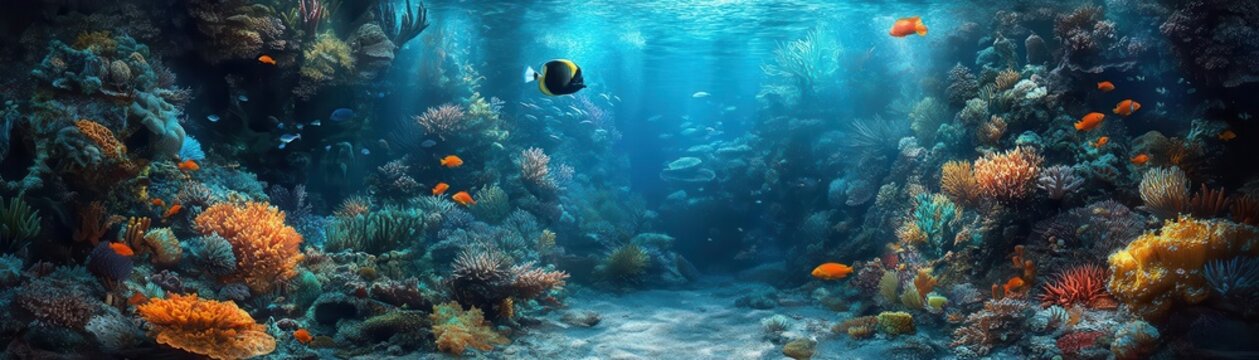 Vibrant underwater scene with coral reef and colorful fish.