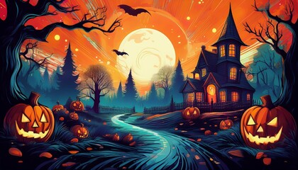 Halloween night scene in bold comic book style, with haunted houses, spooky trees, and glowing jack-o'-lanterns fear atmosphere