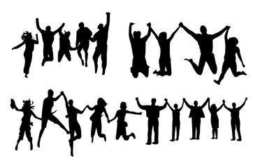 friends silhouette holding hand in hand, jumping for joy celebration, metal health treathment, happy family featuring, excelentes vector illustration collection