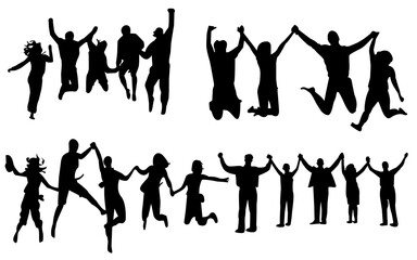 friends silhouette holding hand in hand, jumping for joy celebration, metal health treathment, happy family featuring, excelentes vector illustration collection