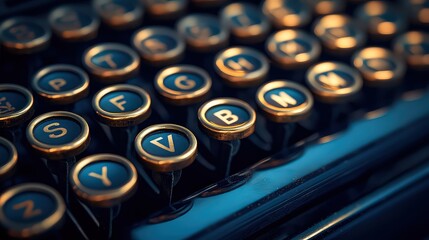 close-up of an old-fashioned typewriterâ€™s keys, showing their shiny metal surfaces and intricate lettering, emblematic of steampunkâ€™s nostalgic charm.