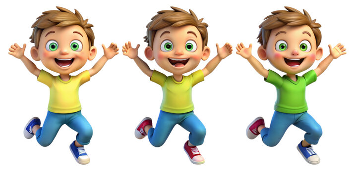 Happy smile laughing jumping playing running cartoon character girl kid child teen person in 3d style design on white background. Human people feelings expression concept