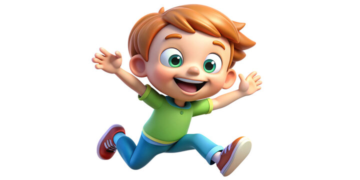 Happy smile laughing jumping playing running cartoon character girl kid child teen person in 3d style design on white background. Human people feelings expression concept