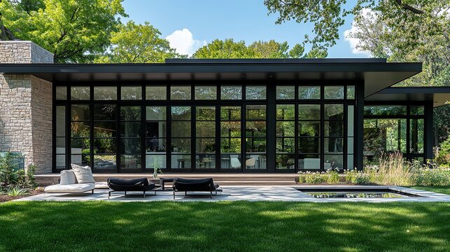 modern home fasade with french black alluminum doors, big windows, minimalist. copy space for text.