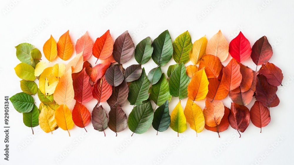 Poster A vibrant collection of autumn leaves is displayed in a gradient of colors, showcasing varying shades of red, orange, yellow, green, and brown against a clean white backdrop.