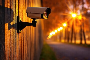 Outdoor CCTV camera with night vision capturing a secluded path with flickering lights, urban monitoring, night patrol