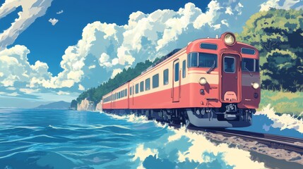 Fototapeta premium Train on the sea, anime style