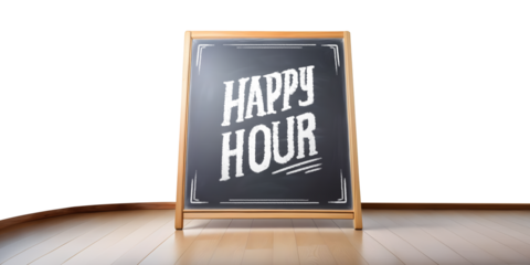 Quadro negro de restaurante escrito "Happy Hour" em fundo transparente sem fundo