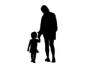 Mother and kid daughter walking outdoor silhouette vector illustration