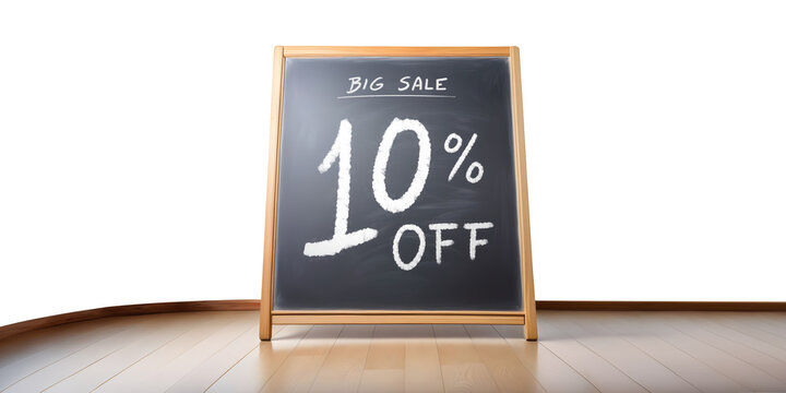 Placa quadro negro sobre piso de madeira anuncia grande promo&ccedil;&atilde;o de 10% de desconto em fundo transparente sem fundo.