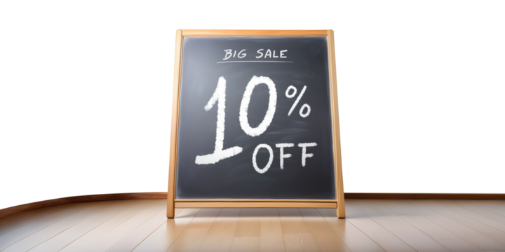 Placa quadro negro sobre piso de madeira anuncia grande promoção de 10% de desconto em fundo transparente sem fundo.