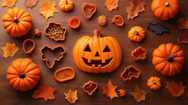 visual of various Halloween preparation tools like pumpkin carving kits and spooky cookie cutters, with a large blank area ideal for adding holiday messages or safety tips