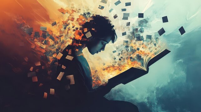 Abstract illustration of a person reading with floating symbols around them, creative study approach