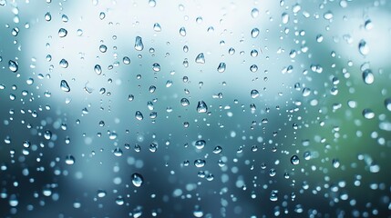 Close-up of water droplets on a glass window, creating a calming blurred background effect, ideal for nature and weather themes.