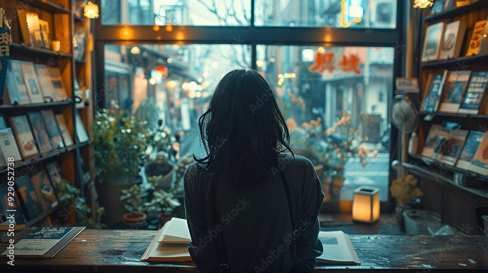 Wall mural A woman seated at a table outside a bookstore.