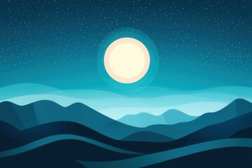 Bright supermoon shining down on rolling hills, flat design illustration