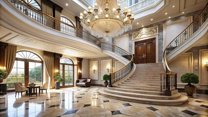 Obraz premium Opulent grand hall with crystal chandelier, sweeping staircase, and marble floors, exuding elegance and sophistication in a lavish, high-end interior setting.