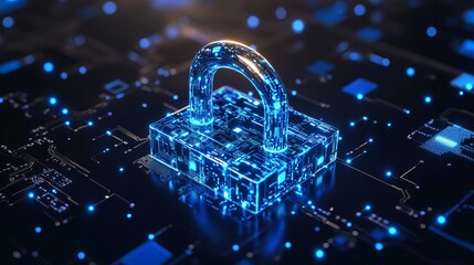 A cybersecurity lock icon symbolizes digital data protection, network security, and encryption technology, focusing on the safeguarding of sensitive information, prevention of cyber threats