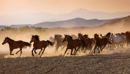 Fototapeta premium herd horses running dusty landscape creating powerful dynamic image freedom movement