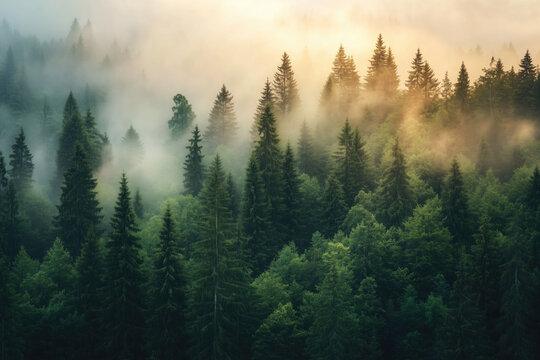 Fototapeta Dense fog rolling through a tranquil forest