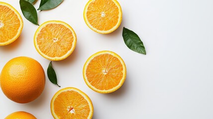 A selection of fresh oranges, whole and sliced, showcasing their bright orange skin and juicy flesh, isolated on a white background