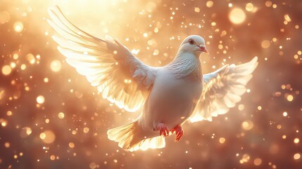 Fototapeta premium dove surrounded by a halo of light, floating in a heavenly atmosphere with hints of angels and celestial beings in the background.