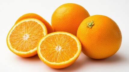 Fototapeta premium A selection of fresh oranges, whole and sliced, showcasing their bright orange skin and juicy flesh, isolated on a white background